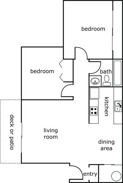 Floor plan for 2 beds, 1 bath, 795 sqft